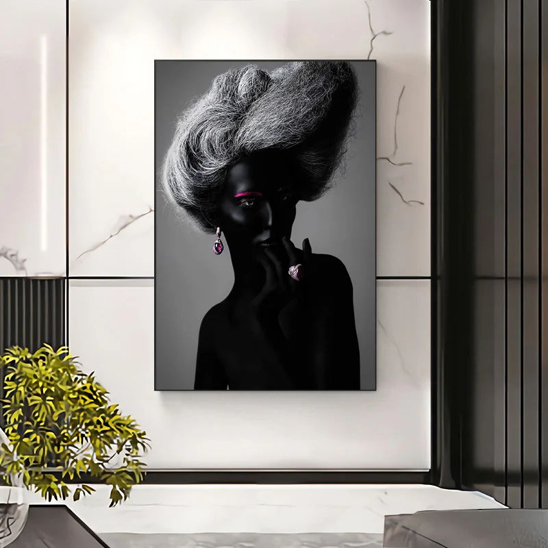 

Fluffy Hair African Black Women Golden Finger Oil Painting on Canvas Cuadros Posters and Prints Wall Picture for Living Room