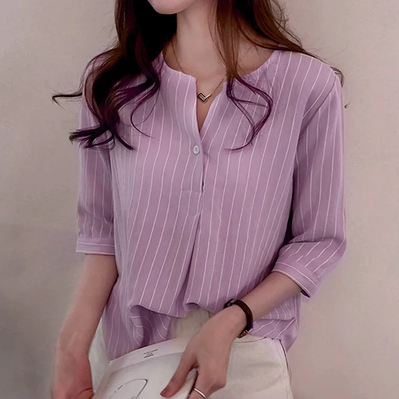 

Womens Tops Work Wear V Neck Striped Printed Blouse Women 3/4 Sleeve Button Shirts