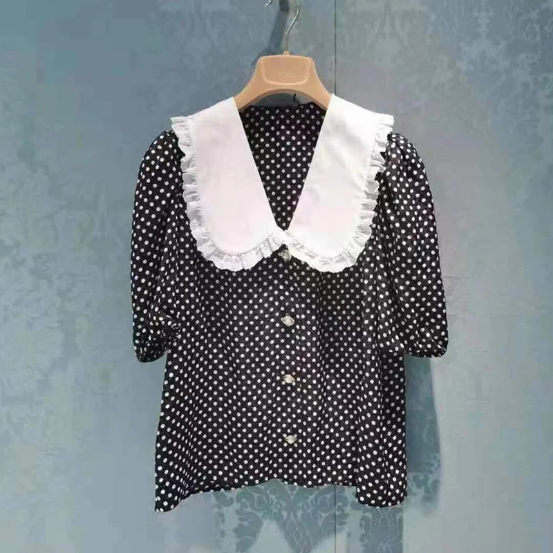

Puff Sleeve Tops Women Polka Dot Black Shirt 2021 Designer Women Shirts Cute Peter Pan Collar Short Sleeve Button Up Shirt tops