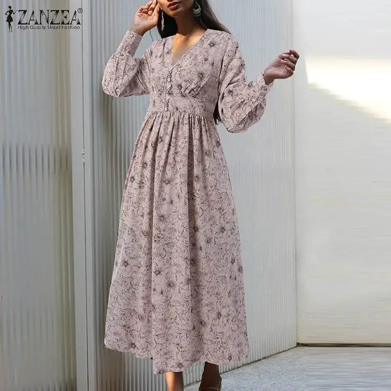 

ZANZEA Bohemian Women Printed Maxi Dresses 2022 Puff Sleeve Long Dress Vestido Casual Female Holiday Oversized A-line Robe Femme