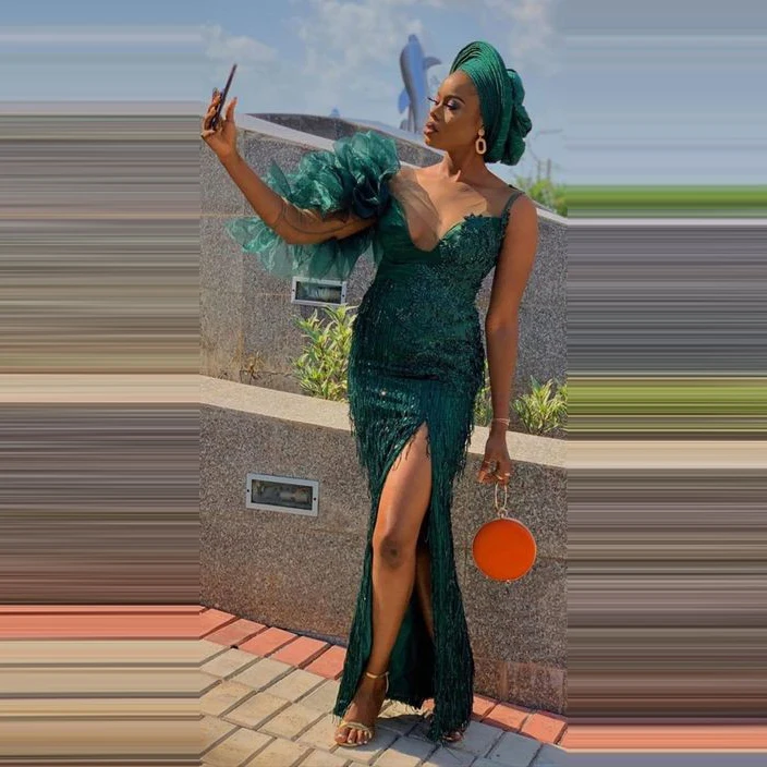 Зеленые Выпускные платья Aso Ebi с кисточками и оборками аппликации Боковым