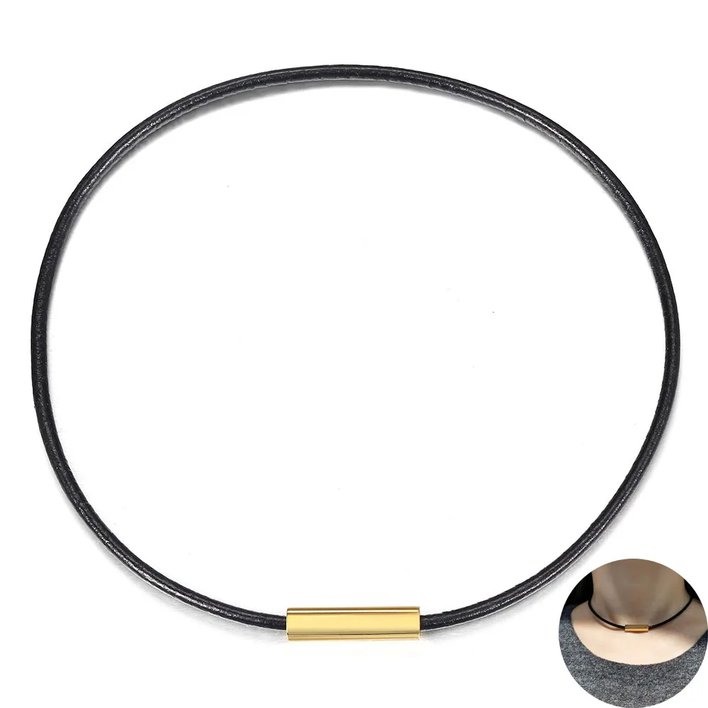 

3mm ID Necklace for Men Women Black Genuine Leather Simple Choker Gold Color Personalized Couple Gift Jewelry Gifts LDN239