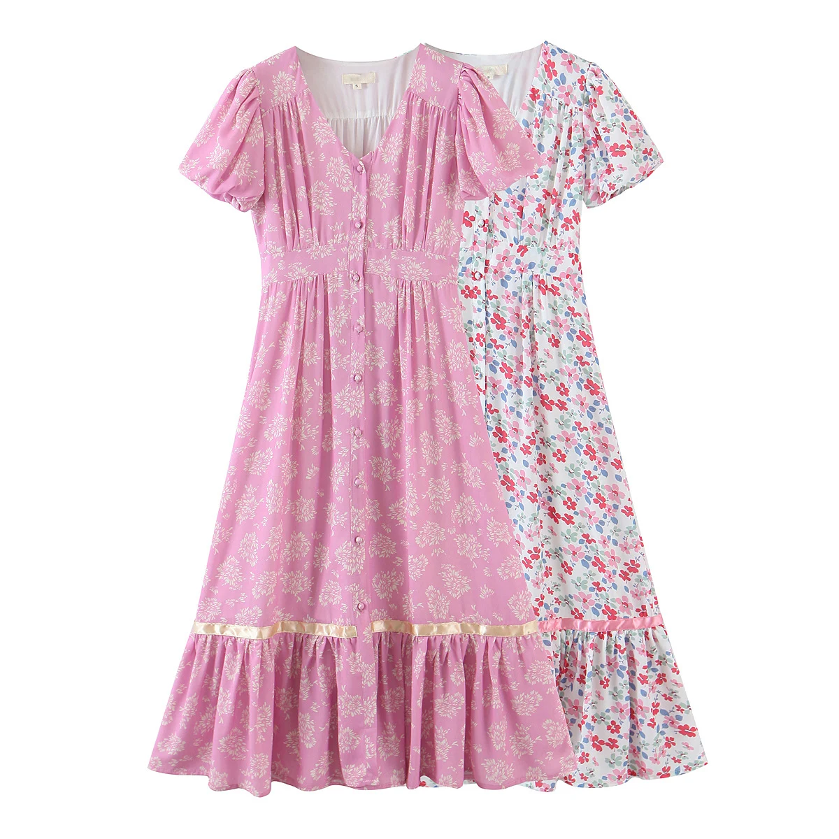 

Jastie Bohemian Women's Dress V-Neck Floral Print Short Sleeve Front Button Decoration Midi-Dresses Summer Beach Prom Dress