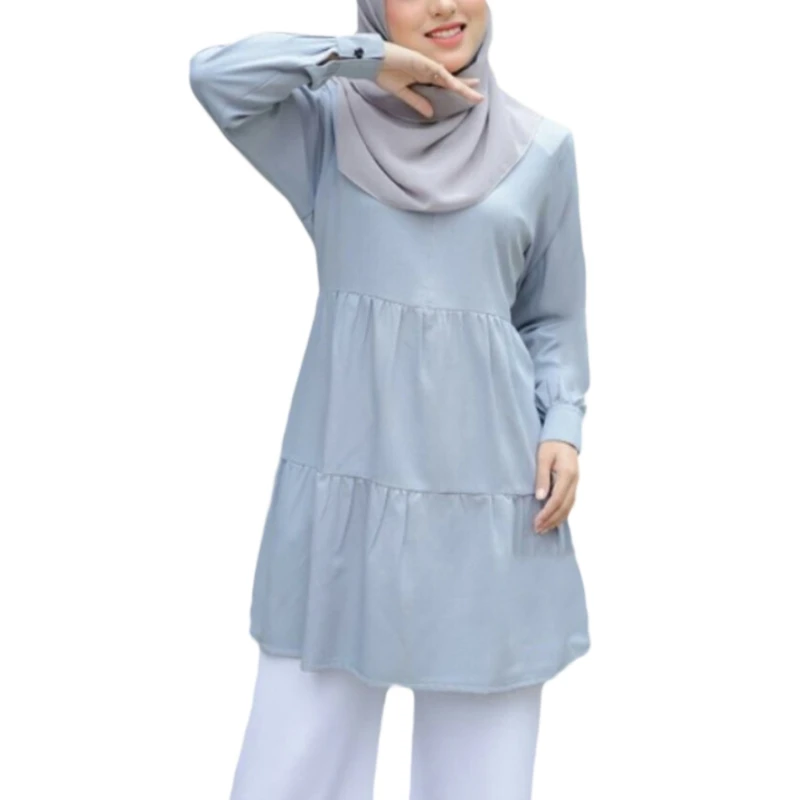 

Women Muslim Long Sleeve Tunic Tops Ruffles Hem Solid Color Loose Shirt Abaya M5TE
