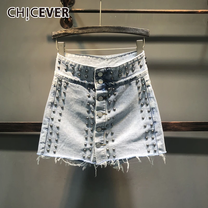 

Женские джинсовые шорты с заклепками и бахромой CHICEVER, летние прямые шорты с высокой талией в Корейском стиле, 2021