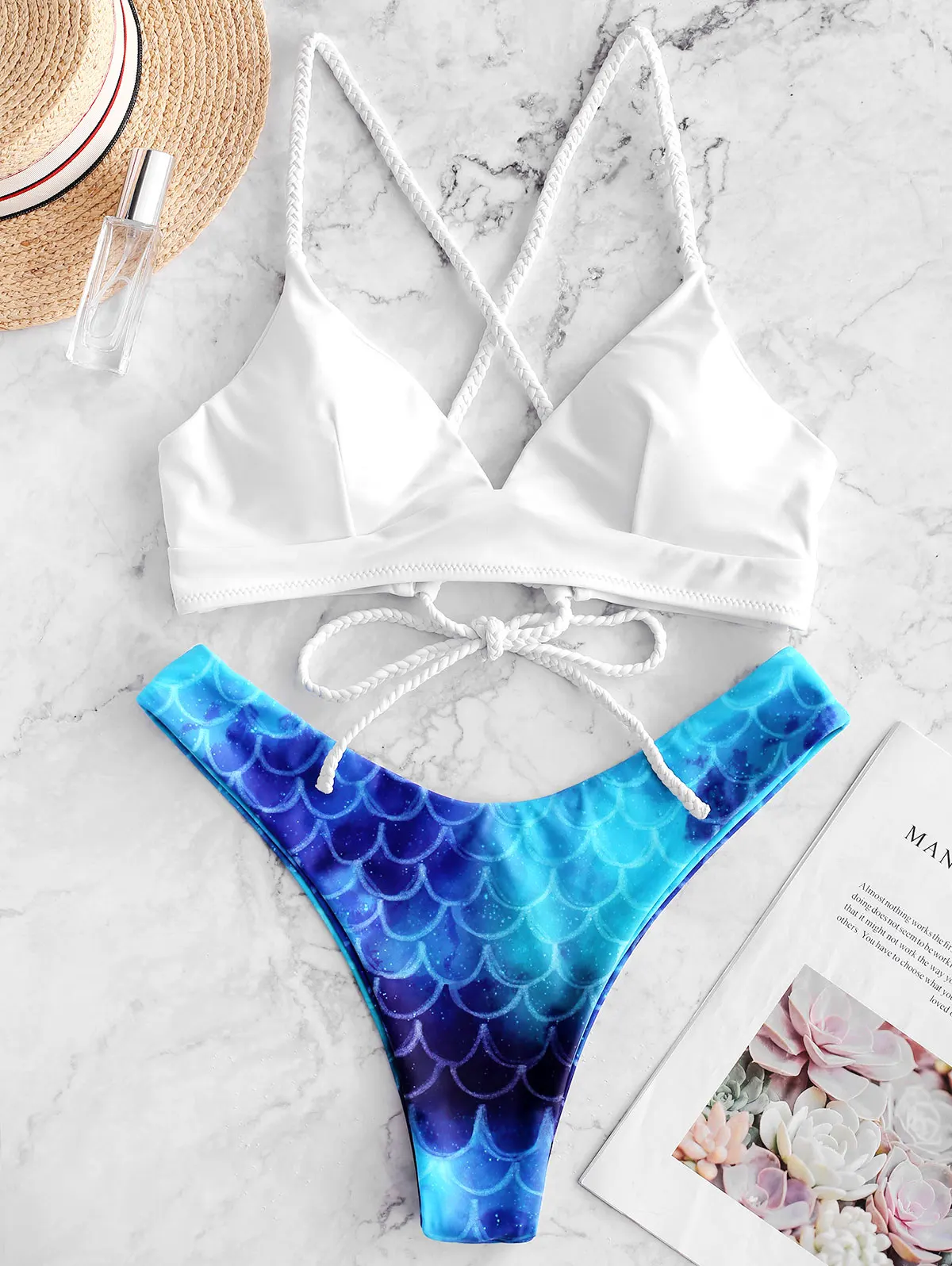 

ZAFUL Criss Cross Mermaid High Cut Bikini Swimsuit For Women Low Waisted Spaghetti Straps Fish Scale Print Swimwear Padded 2020