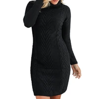 Women Long Sleeve Turtleneck Solid Color Cable Knit Slim Fit Midi Sweater Dress