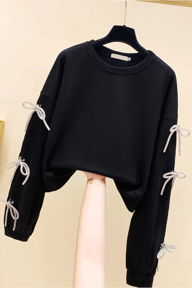 

Bow Strap Diamond Sweatshirt Women Autumn and Winter 2020 New Black Solid O Neck Loose Short Pullover Top