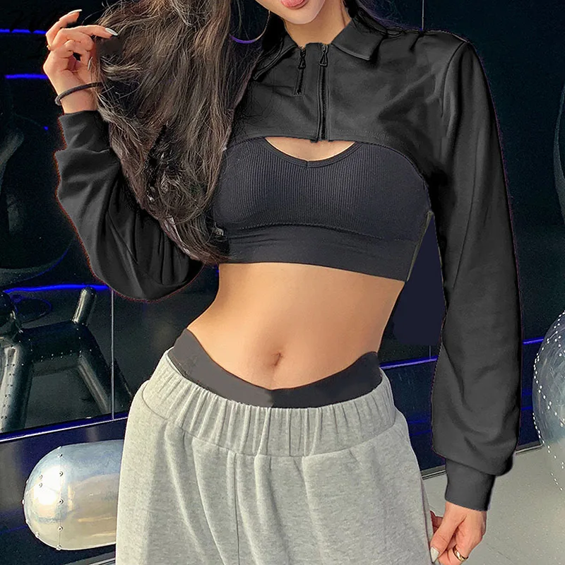 

Осенний женский укороченный топ, свитшот с длинным рукавом, украшенный молнией, сексуальный стиль, эластичные манжеты, женский топ-труба, ул...