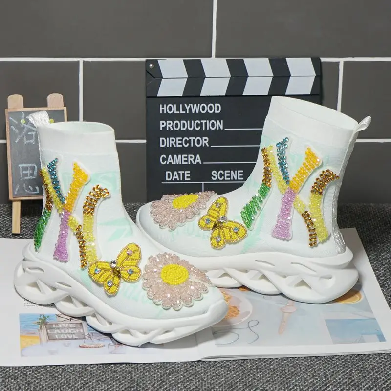 

2021 new fashion brand heavy industry rhinestone stretch knitted socks shoes women high top sports casual shoes