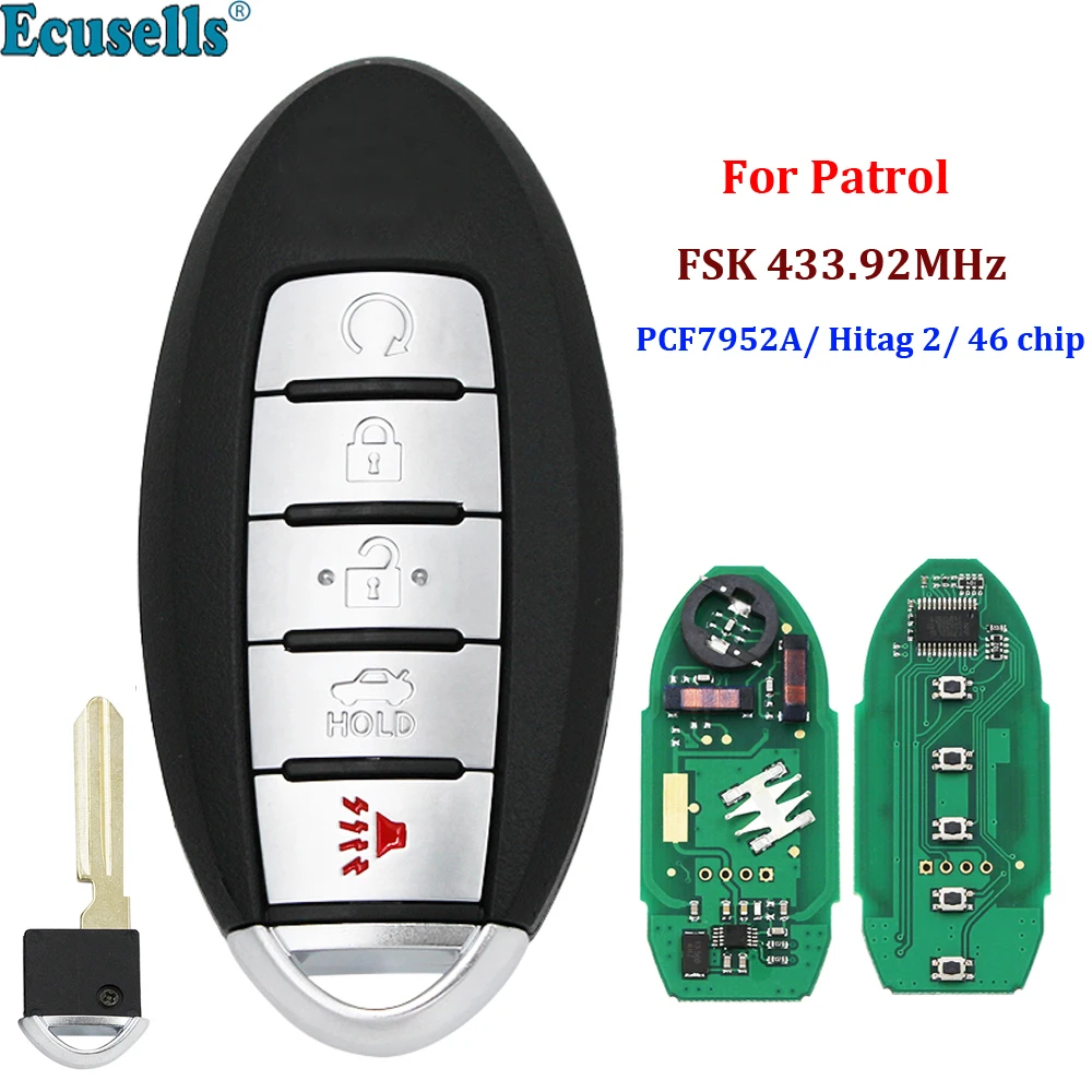 

Умный пульт дистанционного управления с 5 кнопками, 4 + 1 кнопкой, FSK, 433,92 МГц, чип PCF7952A / HITAG 2 / 46 для Nissan патруль с аварийным ключом