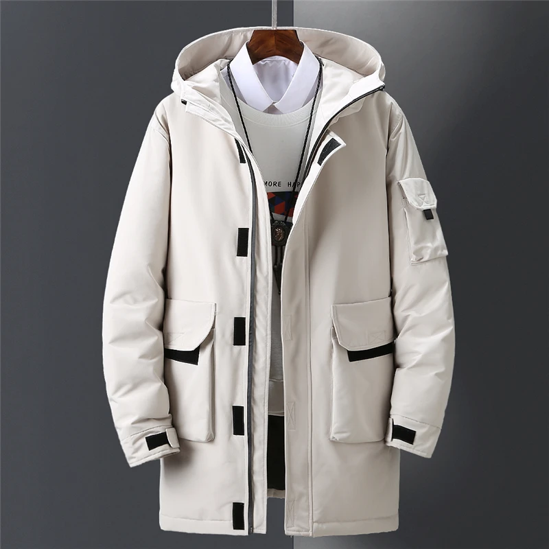 -25 Degree Down Jacket Men Winter Thick Warm Parkas Mid-Long Coat Hooded Casual Slim White Duck Down Windbreaker Jacket Overcoat