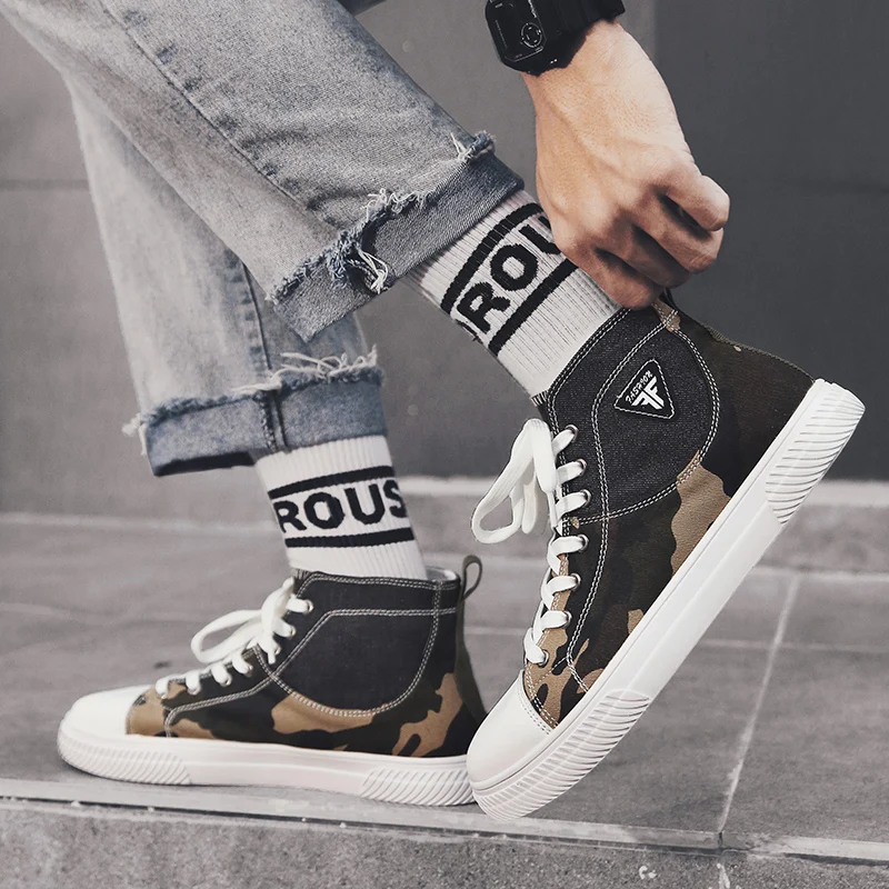 Кроссовки мужские камуфляжные из парусины дышащие с высоким берцем | Спорт и
