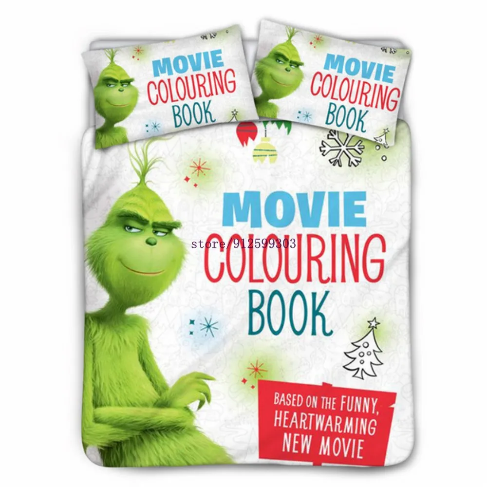 

Bedding Set Cartoon Grinch Printed Comforter Cover with Pillowcase 3Pcs Boys Girls Home Quilt Cover Movies Christmas Decoration