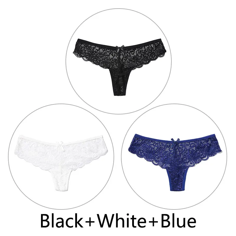 Black White Blue 3 шт., сексуальные кружевные трусики женские стринги и стринги, открытая низкая талия, нижнее белье, прозрачные танга, женское нижнее белье, дышащее - Цвет: Black White Blue