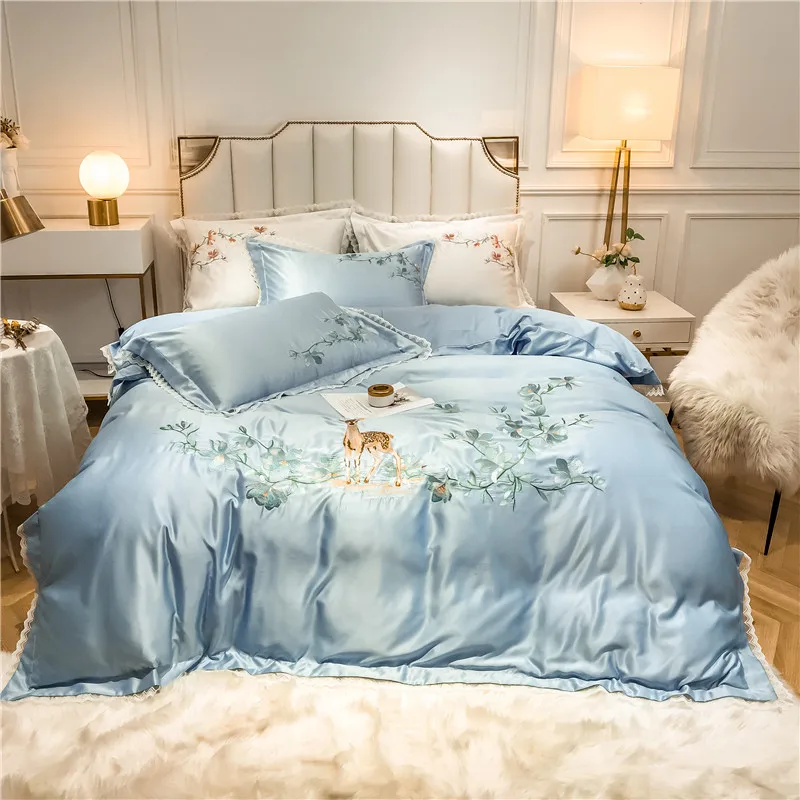 

Chic Home Embroidery Deer Flowers Duvet Cover Elegent White Grey Color Silky Cotton Bed sheet Bedding set Queen King size 4Pcs