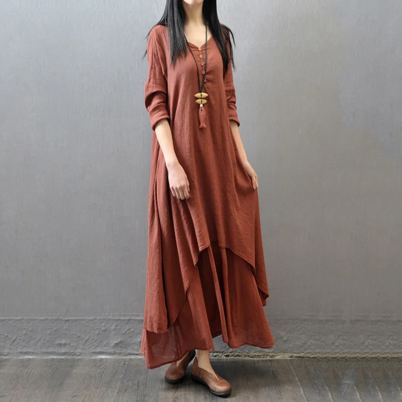 Женское Ассиметричное платье Boho V Nekc хлопковое и льняное макси в этническом стиле