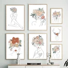 Абстрактная Скандинавская Обнаженная женщина боди с цветочным принтом линия художественные плакаты и принты современный настенный художественный холст картина без рамки для Декор в гостиную