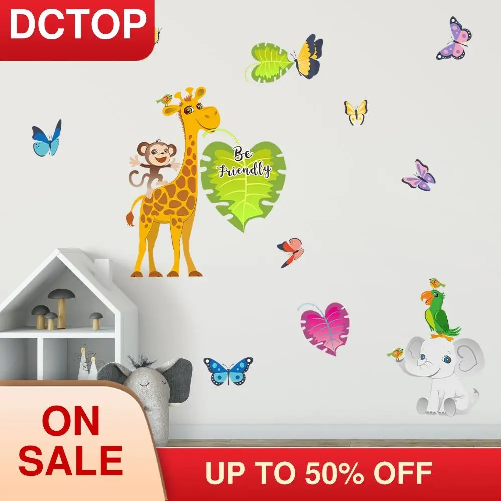 Cartoon Jungle Wild Animal Colorful Decals butterfly Lion Giraffe Elephant Leaves Wall Stickers for Kids Rooms Decor Room | Дом и сад