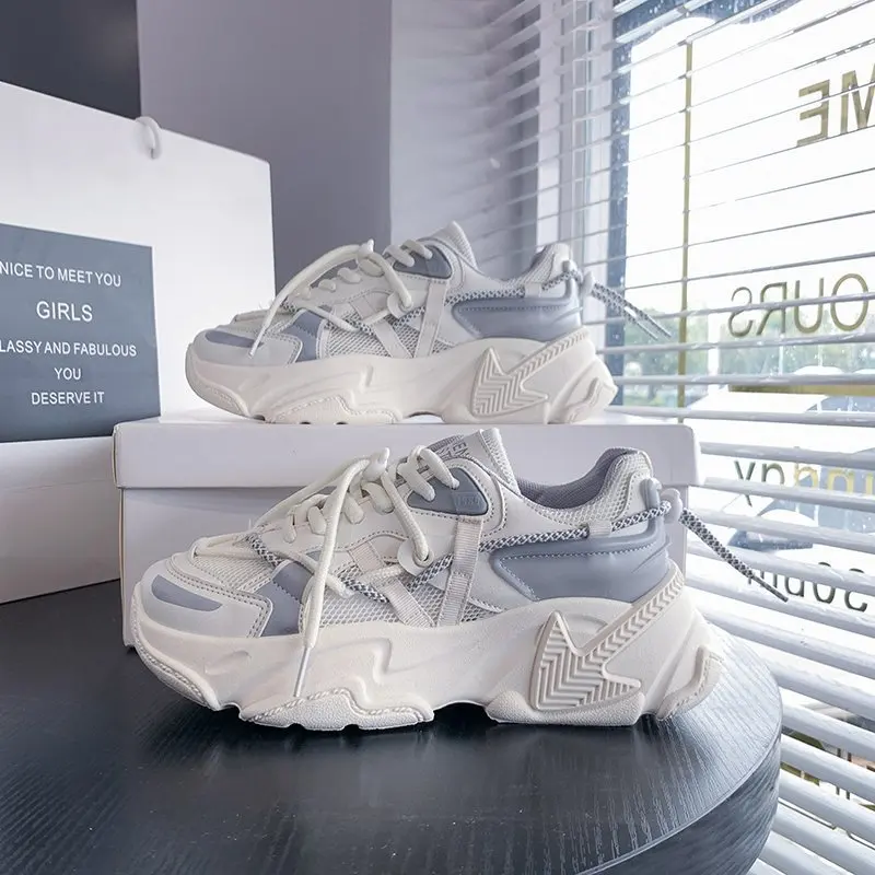 

Women Platform Sneakers Leather Ladies Chunky Shoes 2021 Gray Woman High Sole Black Brand Thick Soled Desginer Dad Sneaker