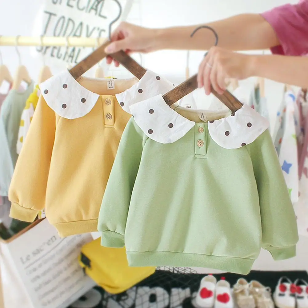 New Fashion Baby Girls Sweatshirt Hit Color Leisure Baby Girls Long Sleeve Lotus Collar Dot Fleece Warm Winter Sweatshirt