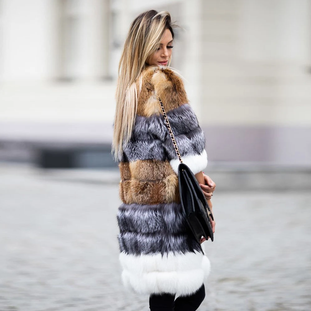 Long Real Fox Fur Coat Round Collar Fashion Color Patchwork Women Winter New Natural Fox Fur Jacket Luxury Woman Thick Overcoats