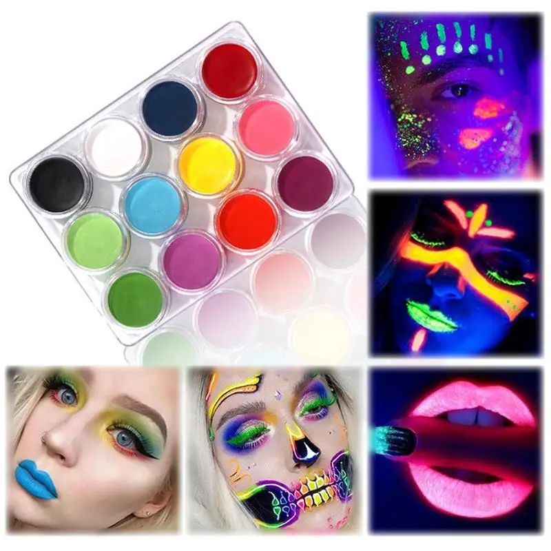 

12 Colors Face Body Art Paint UV Glow Fluorescent Glowing Neon Pigment Palette Halloween Party Fancy Beauty Makeup Cosmetics