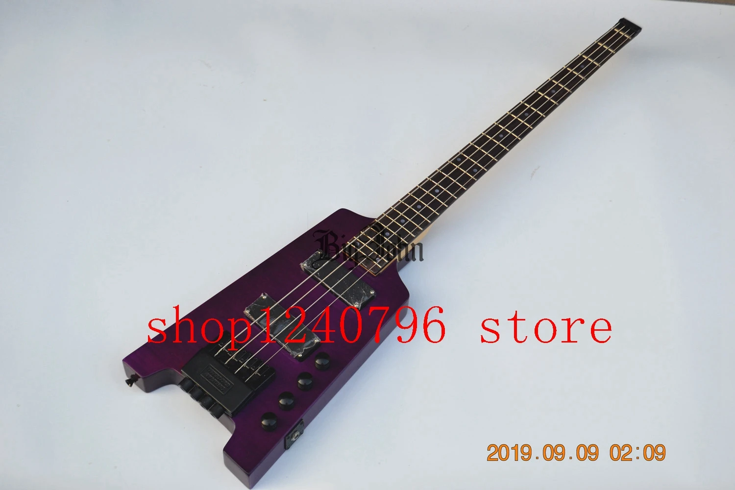 purple headless electric bass 4 string scale length 864mm