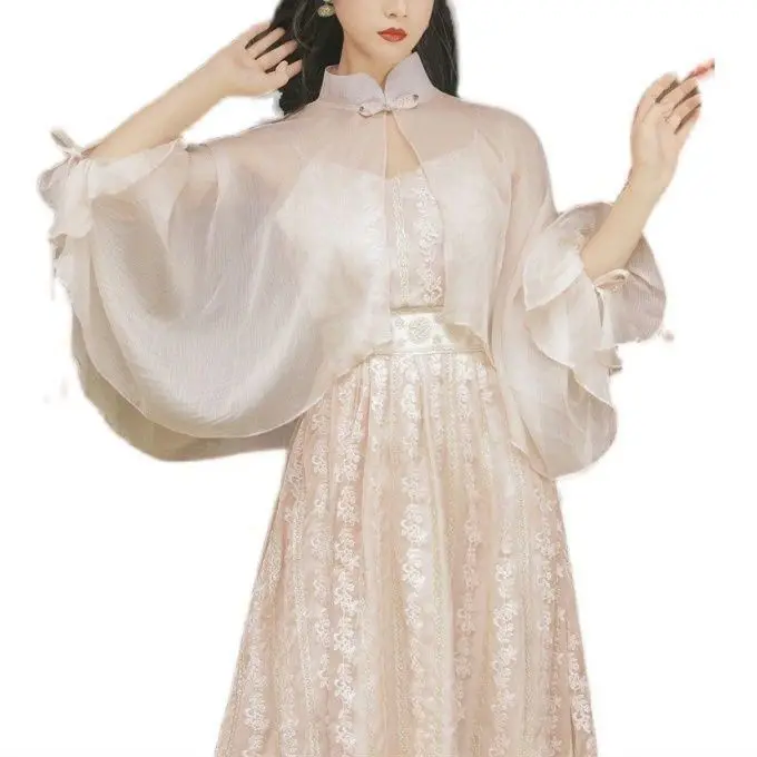 

Champagne Shawl Dress Cheongsam Two-piece Dress Oriental Style Elegant Qipao Women Chinese Traditional Daily Dress Qipao Retro