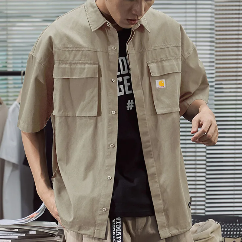 

Summer New Style Korean And Japanese Retro Tooling Pocket Shirt Men's Youth Trend Loose Short-Sleeved Shirt Trendy Sleeves