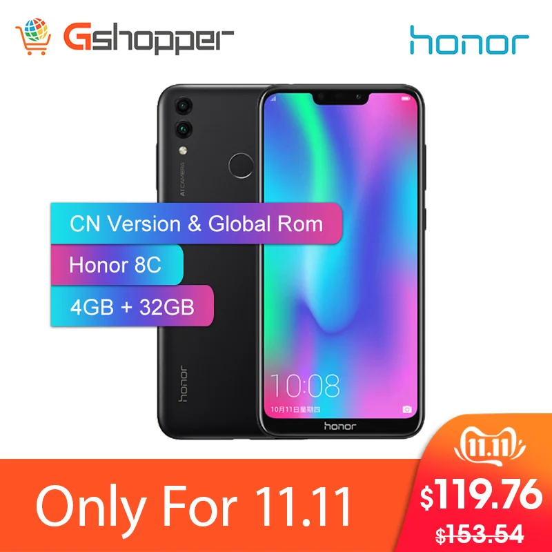 Смартфон Honor 8C с глобальной версией 4 Гб ОЗУ 32 ПЗУ четыре ядра 6 26 ''HD + полный