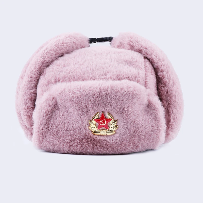 Soviet Badge Ushanka Russian Men Women Winter Hats Faux Rabbit Fur Army Military Bomber Hat Cossack Trapper Earflap Snow Ski Cap