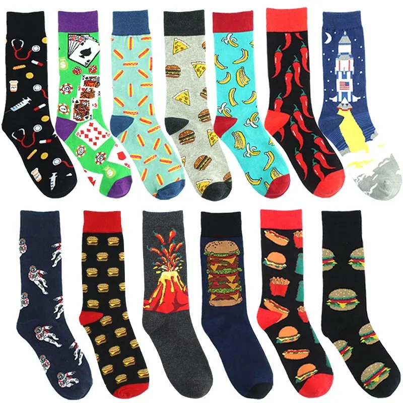 

1 Pair of New Food Burger Fries Astronaut Rocket Volcano Medical Equipment Pattern Male and Female Stockings Fun Gift for Couple