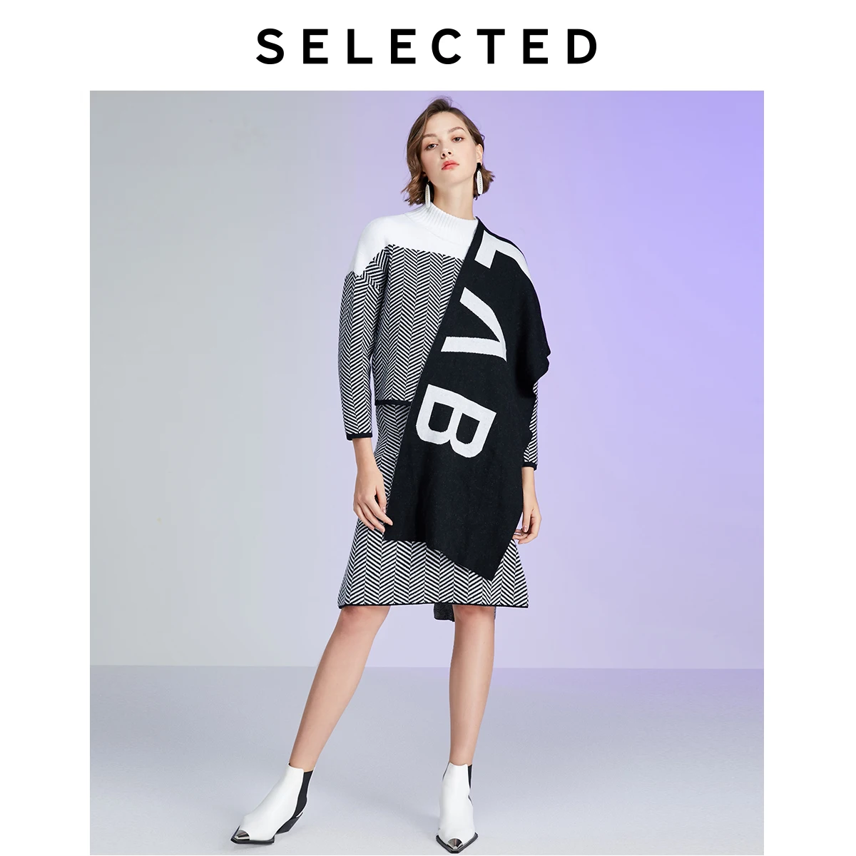 Женский свободный трикотажный свитер из жаккардовой ткани черного и белого