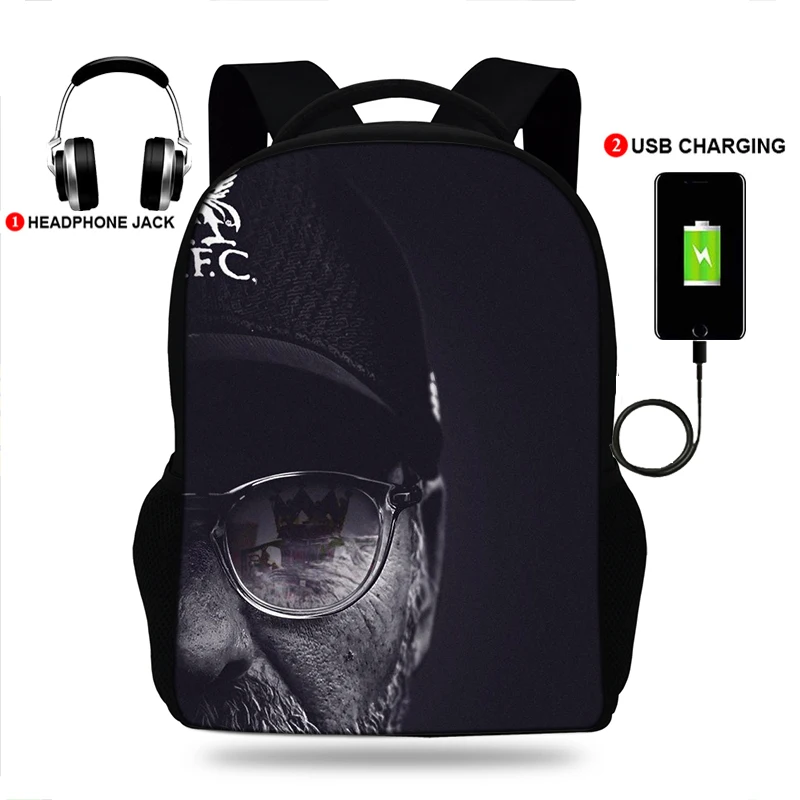 

School Backpacks Football klopp Coque Print USB Charge Backpack Waterproof Bagpack School Bags Teenage Boys&Girls Travel Bag