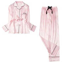 pink stripe silk pajamas for women summer pijama suits sleepwear cardigan long seeve shirt pants homewear sets outfit lingerie