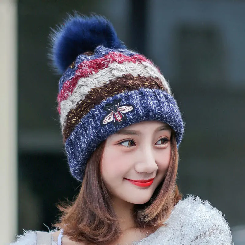 

Hat women's winter hats thick warm knit ear honey bee big fur fur hats wild fashion cold hats