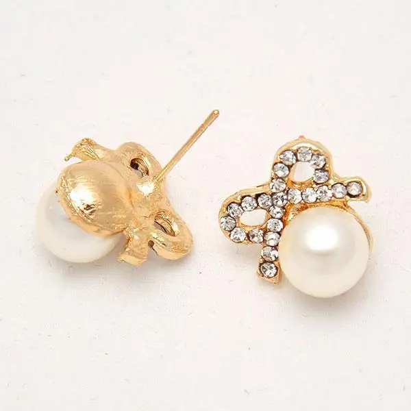 Fashion Woman Lady Elegant White Pearl Bowtie Bowknot Rhinestone Stunning Studs Earrings For Wedding Party | Украшения и
