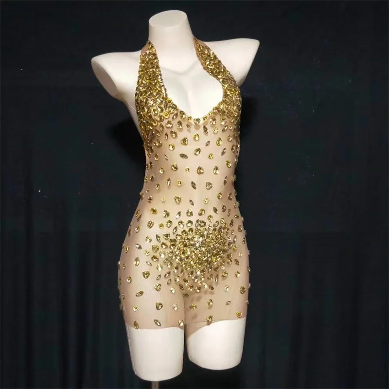 

H297 Backless Sleeveless Rhinestones Crystals Gem Sexy Bikini Show Stage Pole-Dancer Model Performance Nightclub Bar Festival Dj