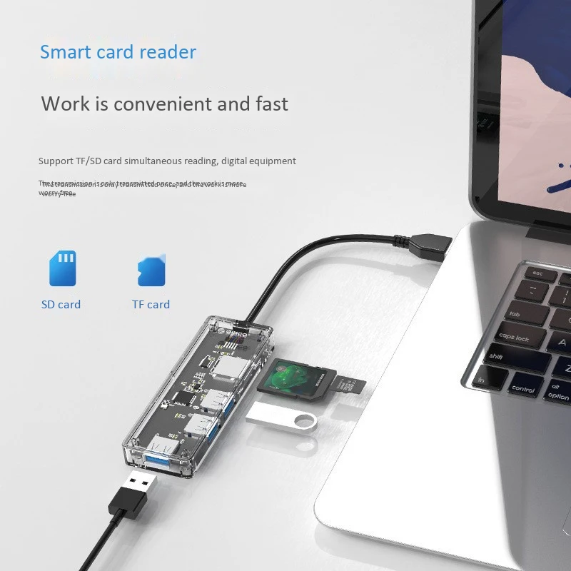 

ORICO 5-In-1 Hub USB3.0 Card Reader Transparent Desktop Docking Station with Blue Indicator Light for Office Studio Home Gaming