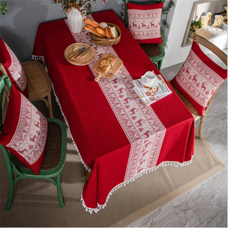 

Red Tablecloth Christmas Knitted Jacquard Elk Desk Cover Cloth White Tassles Rectangular Dining Room New Years Decora ZB-JD1104