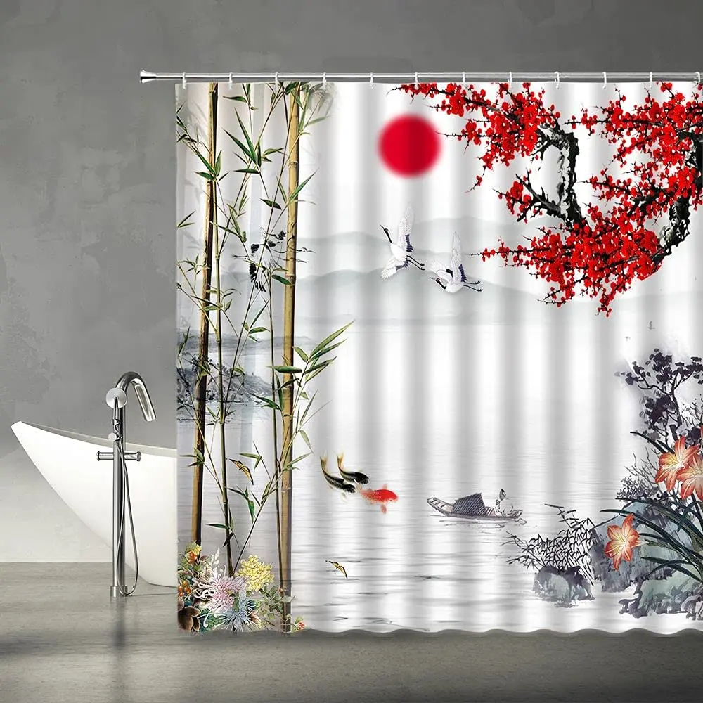 

Pulm Blossom Shower Curtains Sun Flowers Bamboo Koi Fish Crane Misty Mountains Chinese Ink Art Fabric Bathroom Decor with Hooks