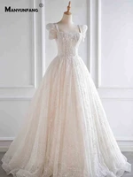 high end pearls square collar embroidery appliques tulle bridal ball gown 2021 hot sale puff sleeve court train wedding dress
