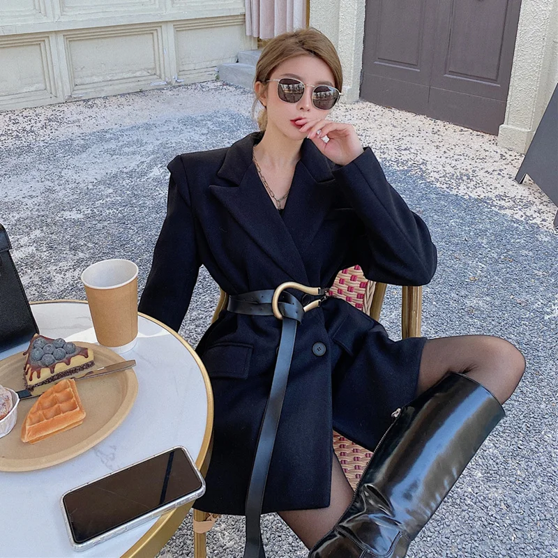 Женский офисный пиджак средней и большой длины двубортный костюм с длинным