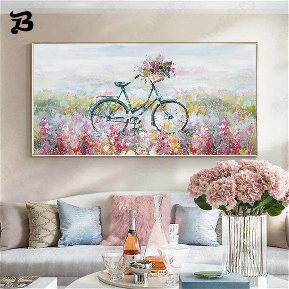 Красивая Картина на холсте в современном стиле цветы и хуапин велосипедный