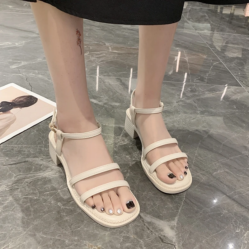 

Fashion Womens Shoes 2021 Female Sandal Block Heels Buckle Strap Espadrilles Platform All-Match Med Luxury Summer Girls Beige Co