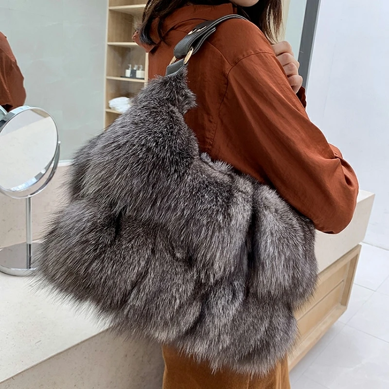 FXFURS 2021 New Real Fox Fur Bags Women Message Single Shoulder Crossbody Bags Silver Fox Fur Large Lady Clutch Bag