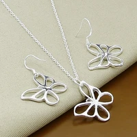 new style 925 sterling silver 18 inch butterfly chain necklace earrings set for womens wedding engagement party charm jewelry