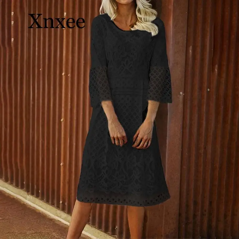 

beach boho High Quality Fashion Women Black Dress Summer 3/4 Sleeve O-Neck Casual Loose Dress Female Street Plus Size Vestidos