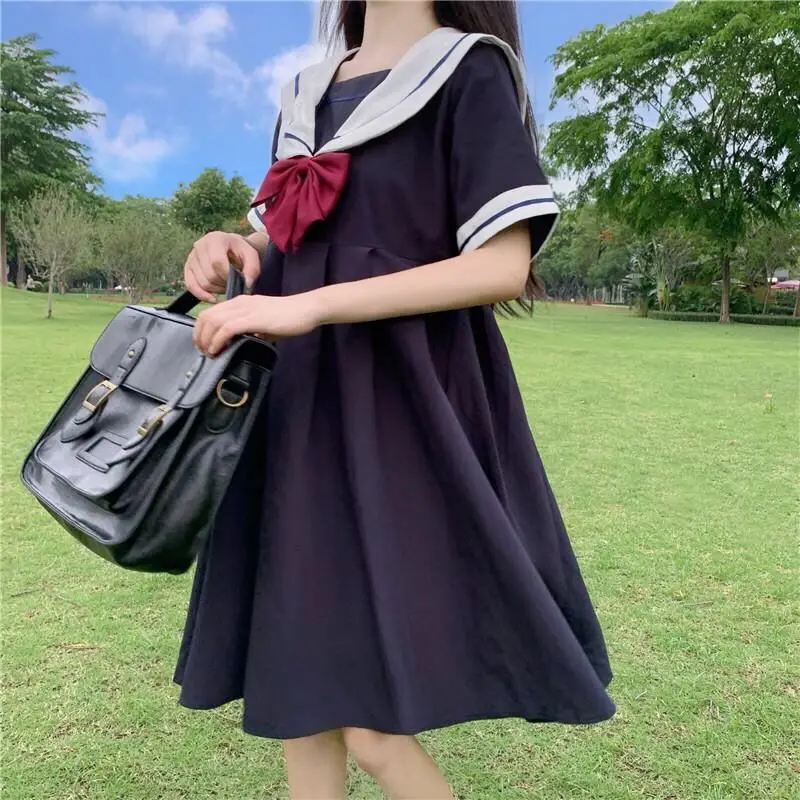 

Women Dresses Harajuku Sailor Collar Navy Dress Japanese Lolita Sweet Bow-knot Kawaii Girl Korea Cute Academy Long Short Sleeve